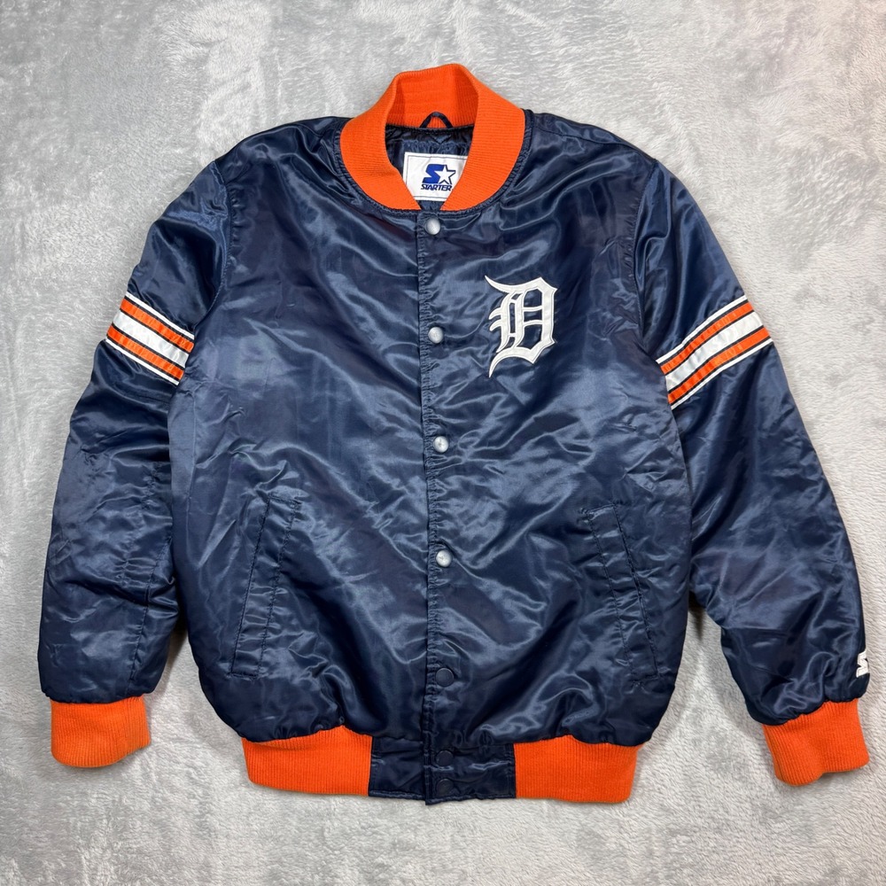 Starter Detroit Tigers Bomber Jacket Mens M Navy Blue Satin MLB Baseball REPAIR